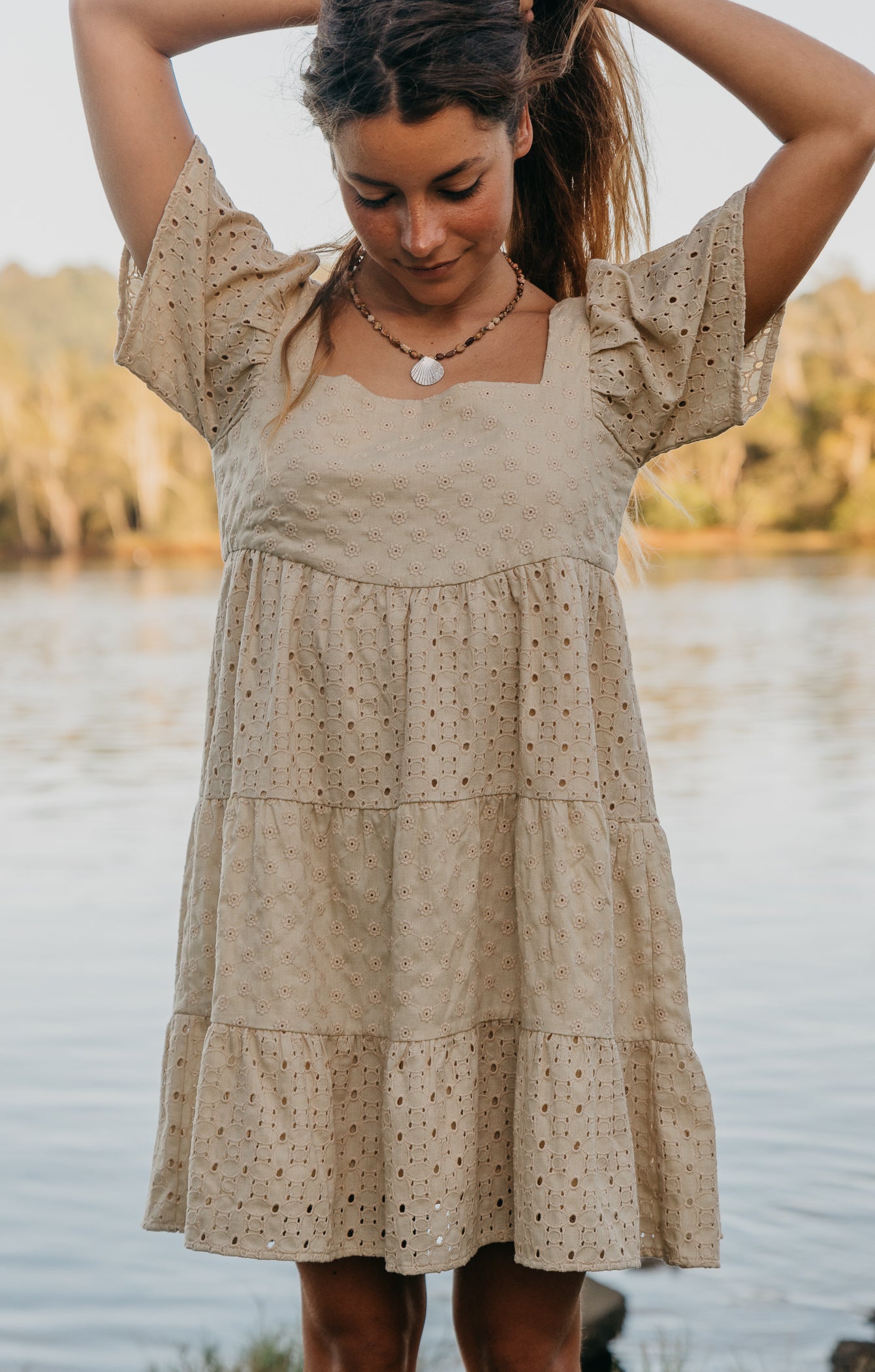 Whisper - Embroidered Short Dress - Beige