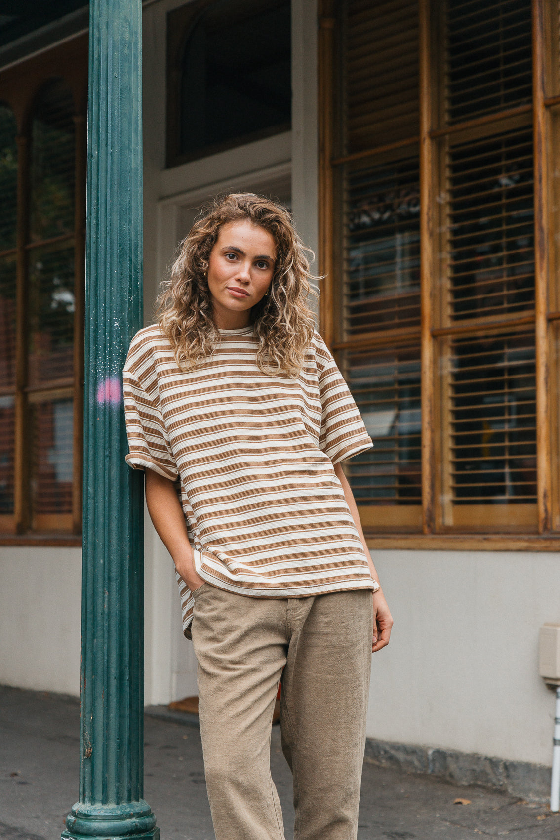 Striped Textured Unisex T-shirt - Brown and Cream