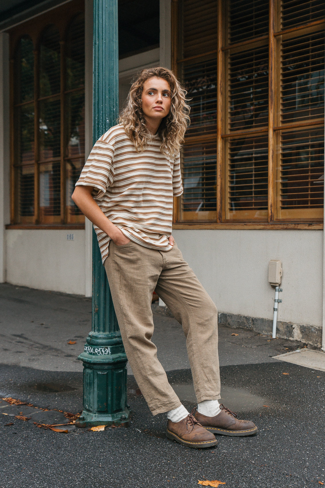 Striped Textured Unisex T-shirt - Brown and Cream