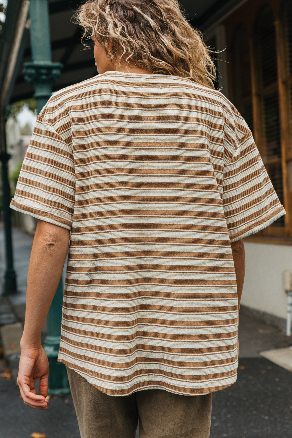 Striped Textured Unisex T-shirt - Brown and Cream