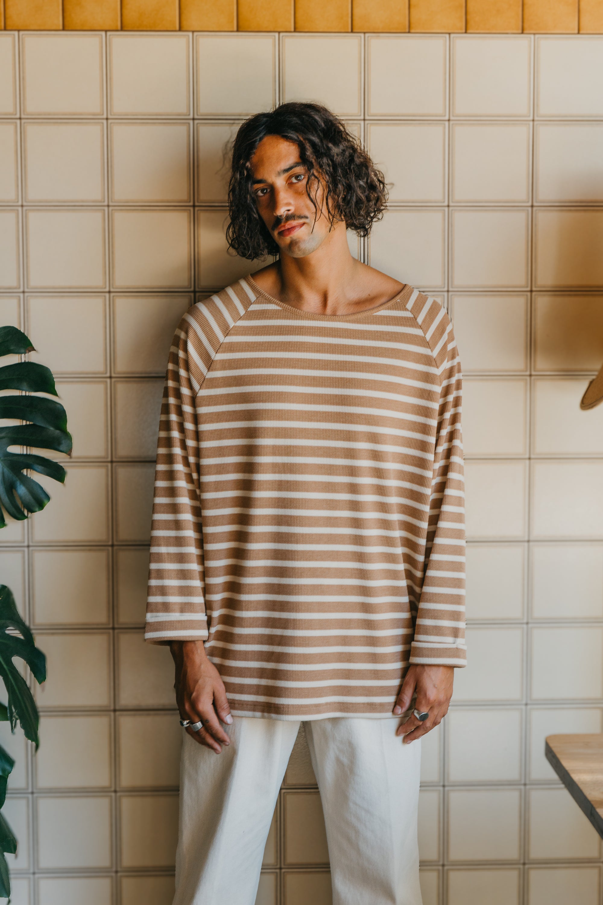 Nolan Striped Long Sleeve T-shirt - Brown and Cream