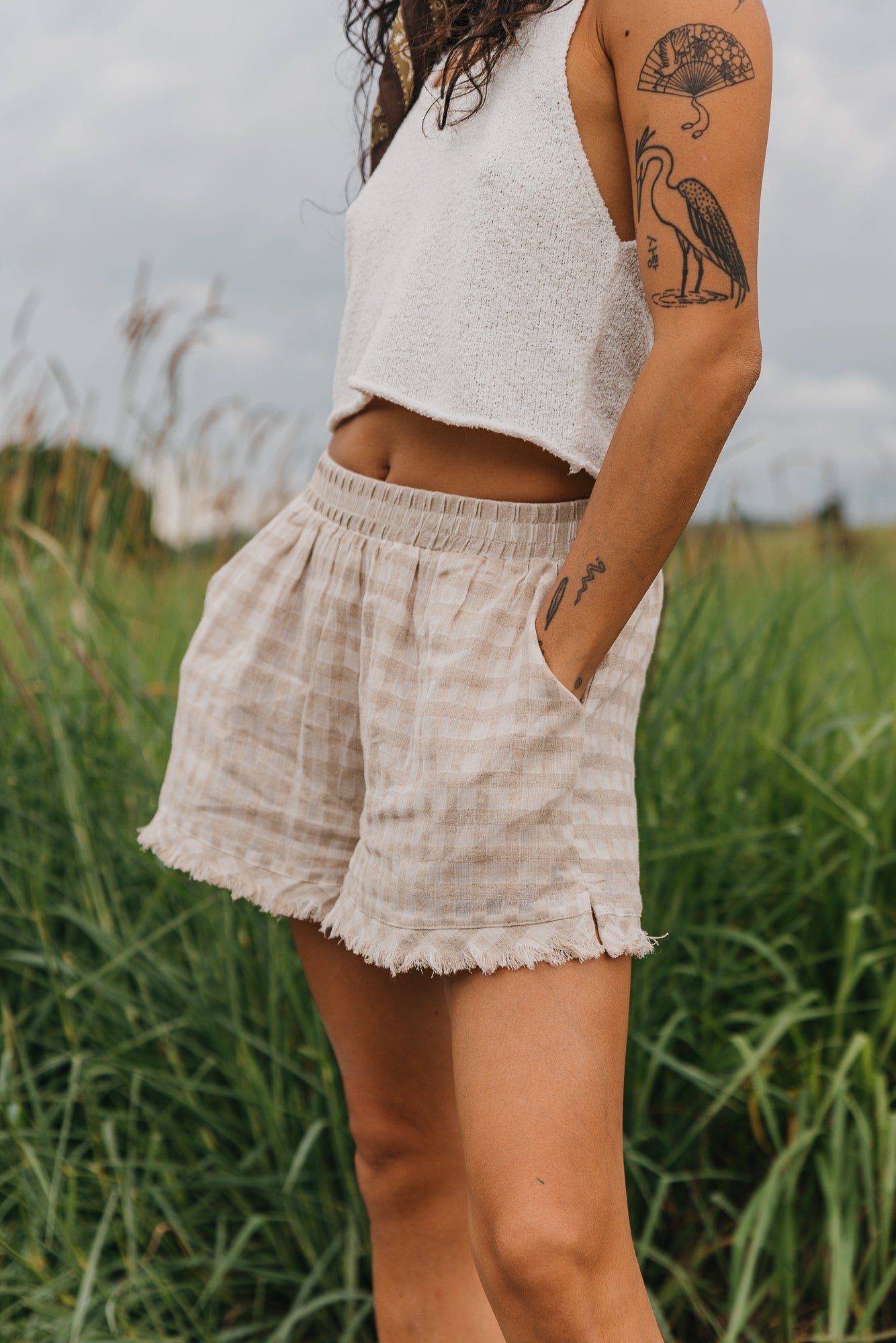 Lana Checkered Beige Shorts