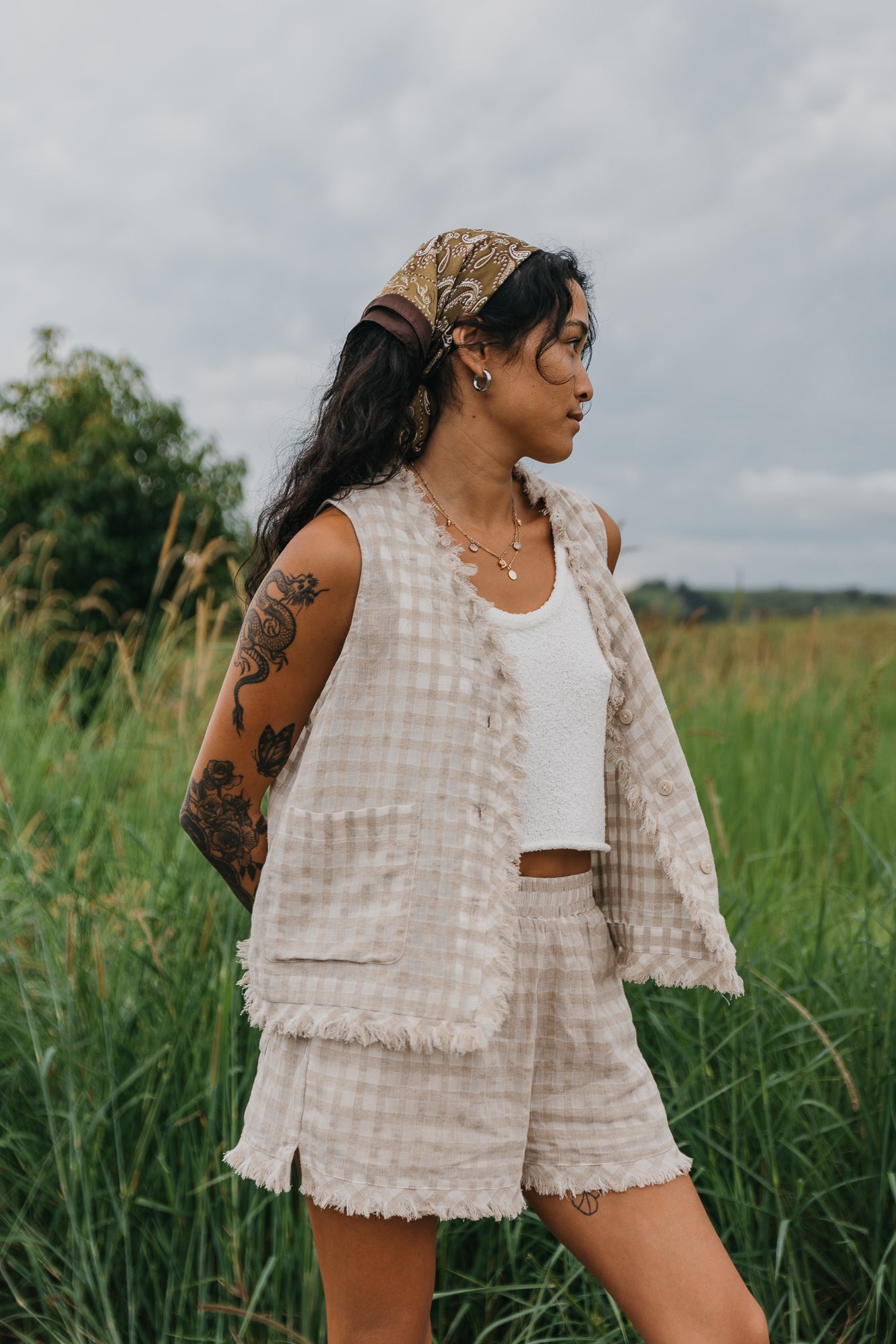 Lana Checkered Beige Shorts