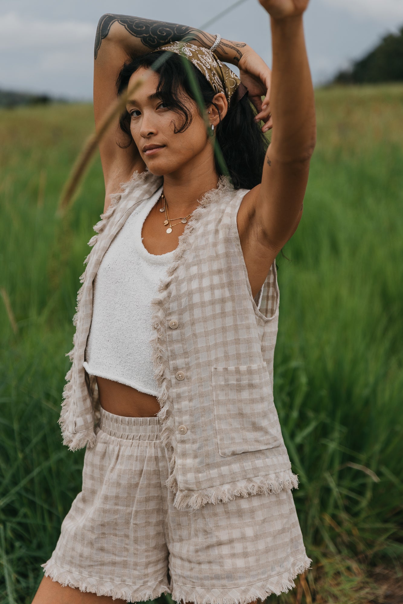 Lana Checkered Beige Shorts