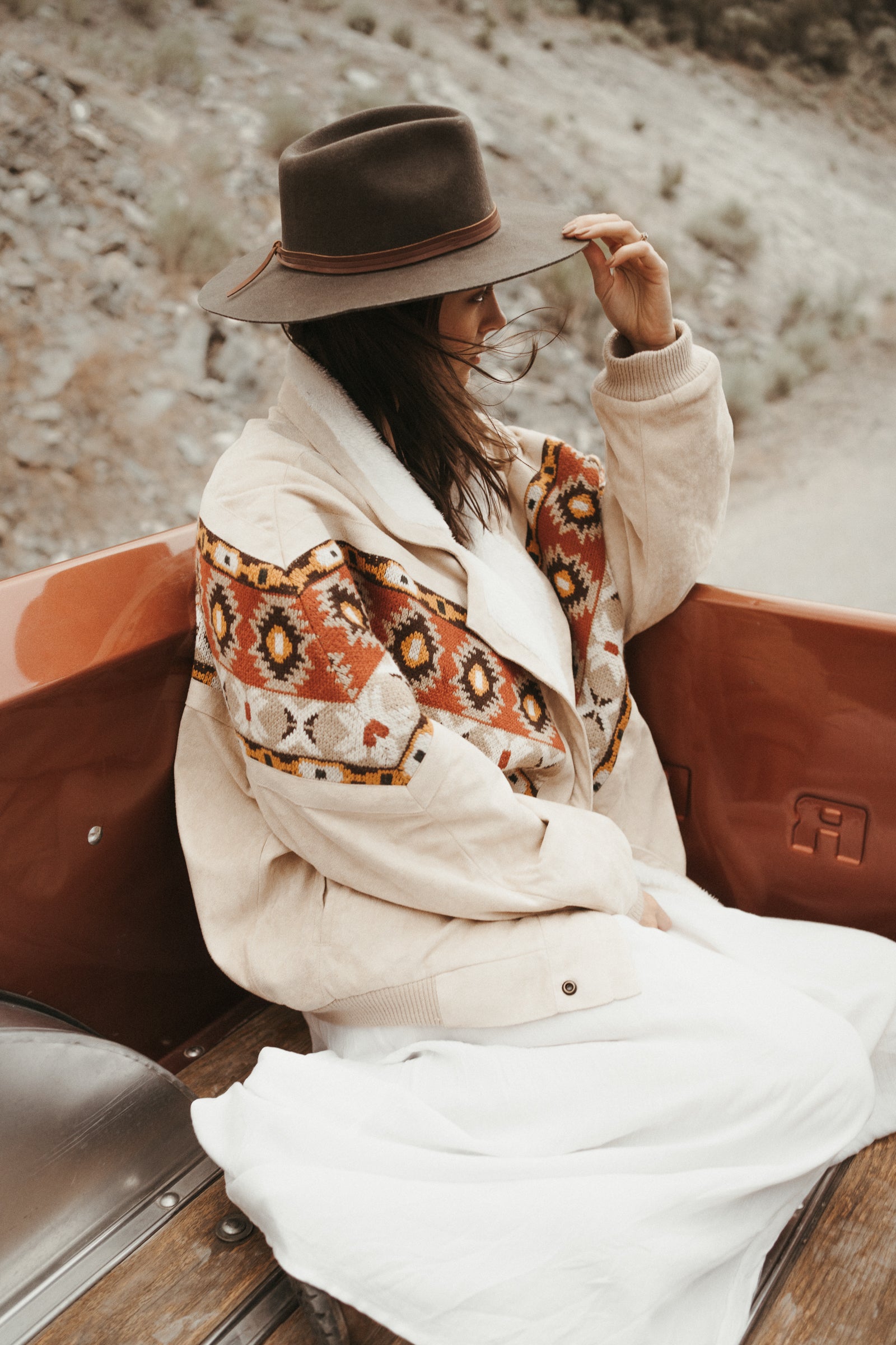 Close-up of The Cream Rarebird Bomber Navajo Jacket, showing the intricate patterns and quality fabric